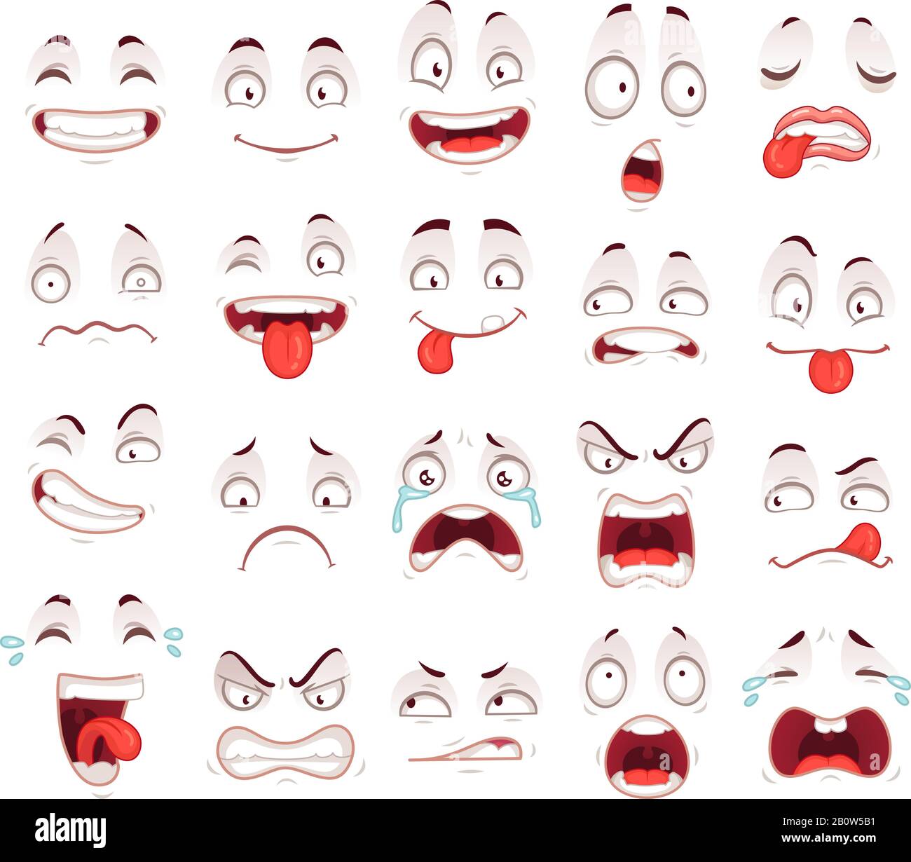 Cartoon faces. Happy excited smile laughing unhappy sad cry and scared face expressions. Expressive caricatures vector set Stock Vector
