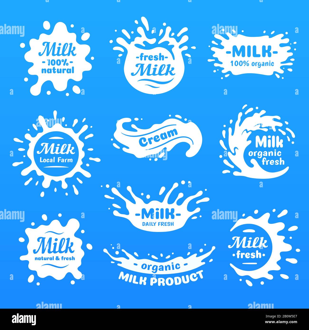 Cow milk splashes with letters. Isolated milks splash for health food store, dairy logo vector label Stock Vector