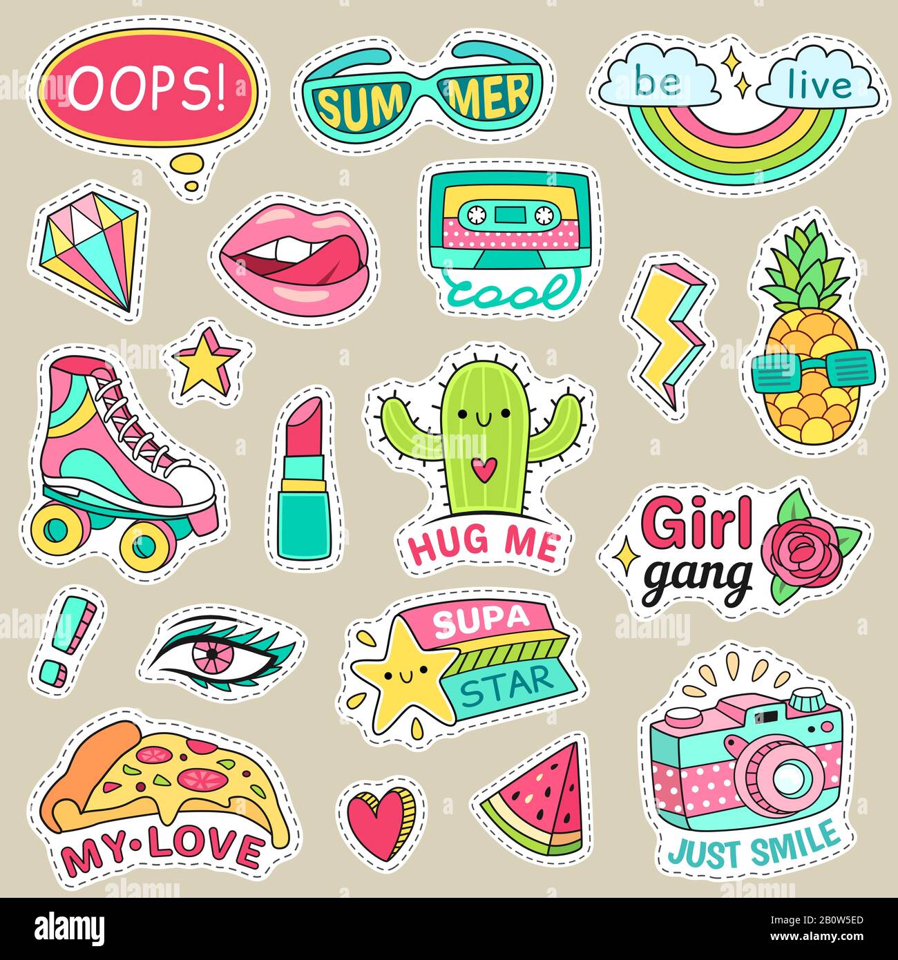 Fun fashion teenage stickers. Cute cartoons patches for teenager. Sticker pack vector illustration set Stock Vector