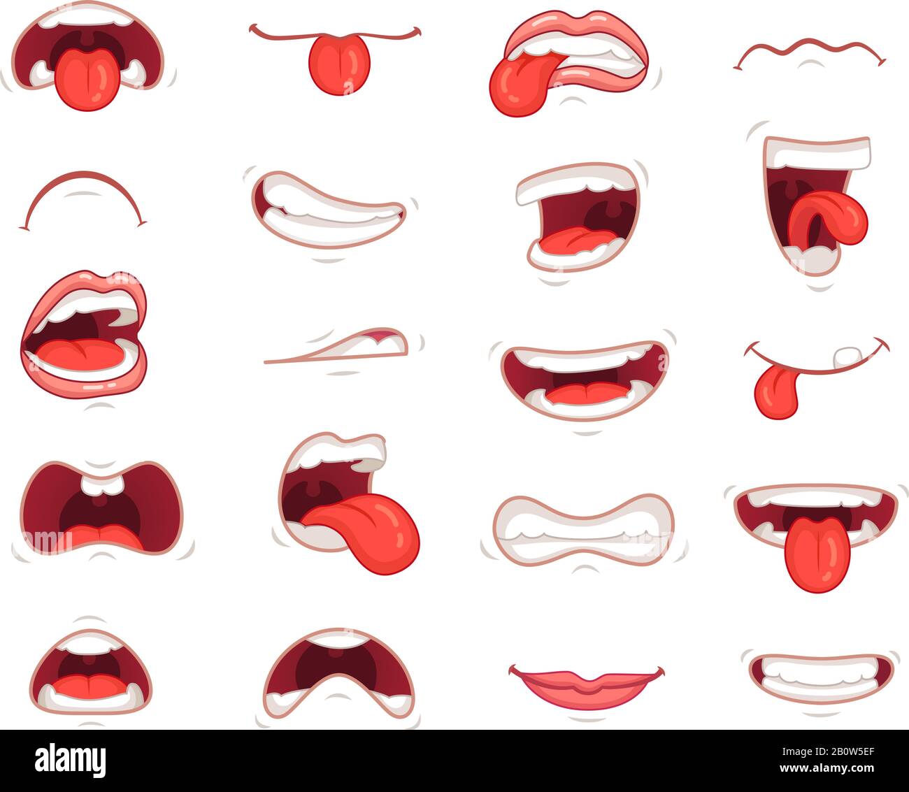 Funny mouths. Facial expressions, cartoon lips and tongues. Hand drawing laughing show tongue, happy and sad mouth poses vector set Stock Vector