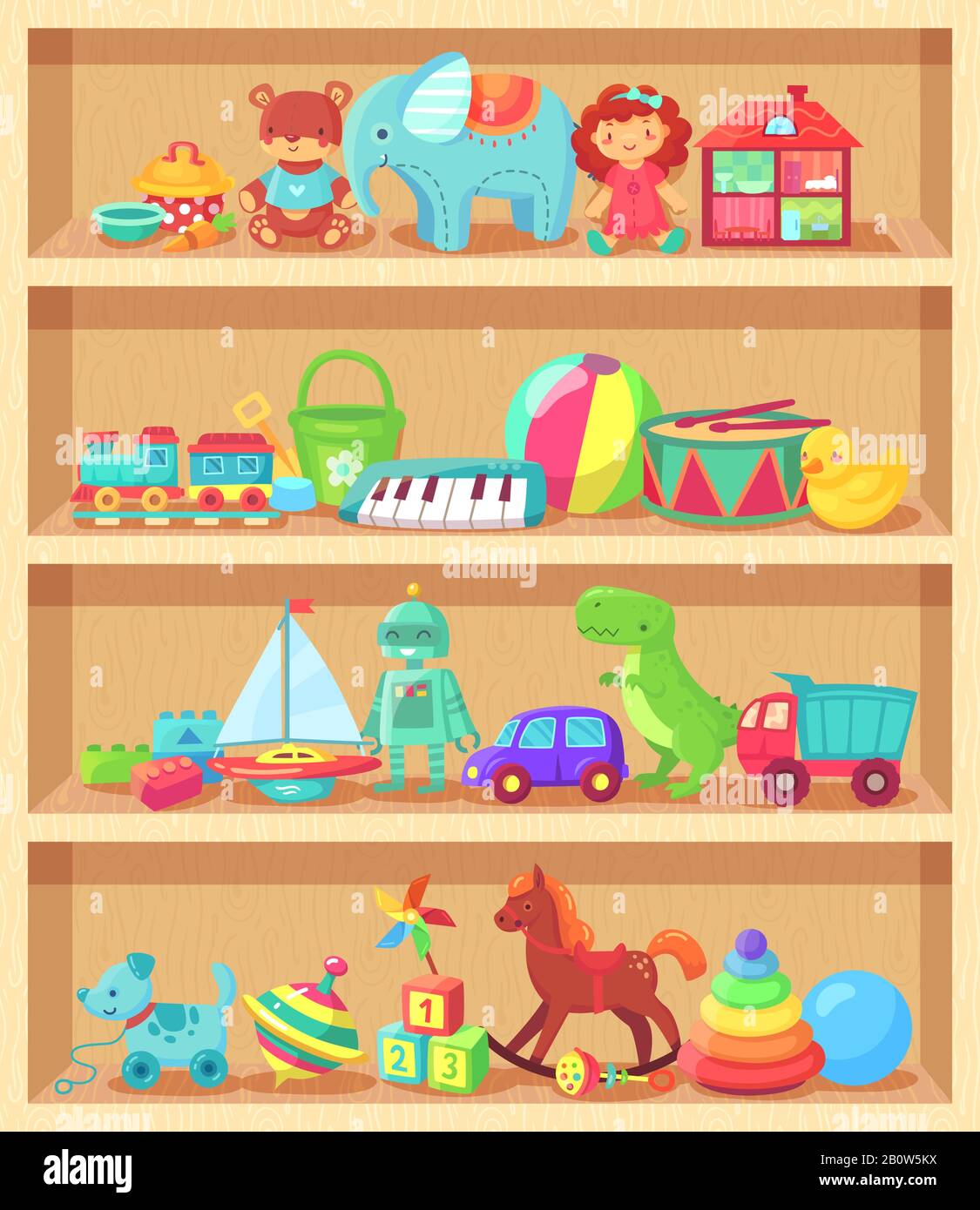 Cartoon toys on wood shelves. Funny animal baby piano girl doll and plush bear. Kids toy shopping shelf vector collection Stock Vector