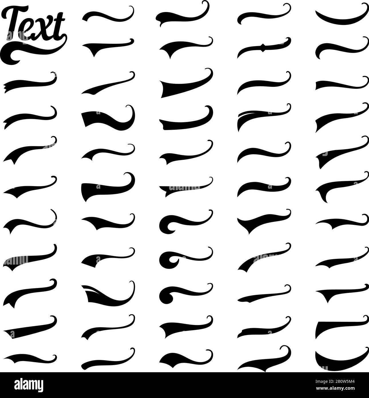 Sporty swirling tail football and baseball typography swashes. Swirled plume curly tails for retro style text vector set Stock Vector