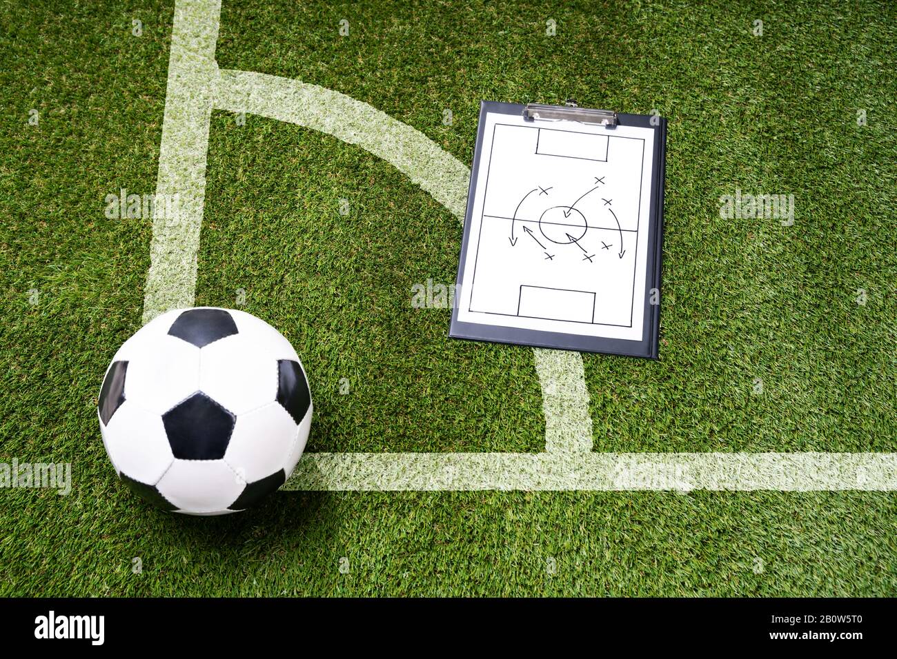 Ball; Whistle And Soccer Tactic Diagram On Pitch Stock Photo