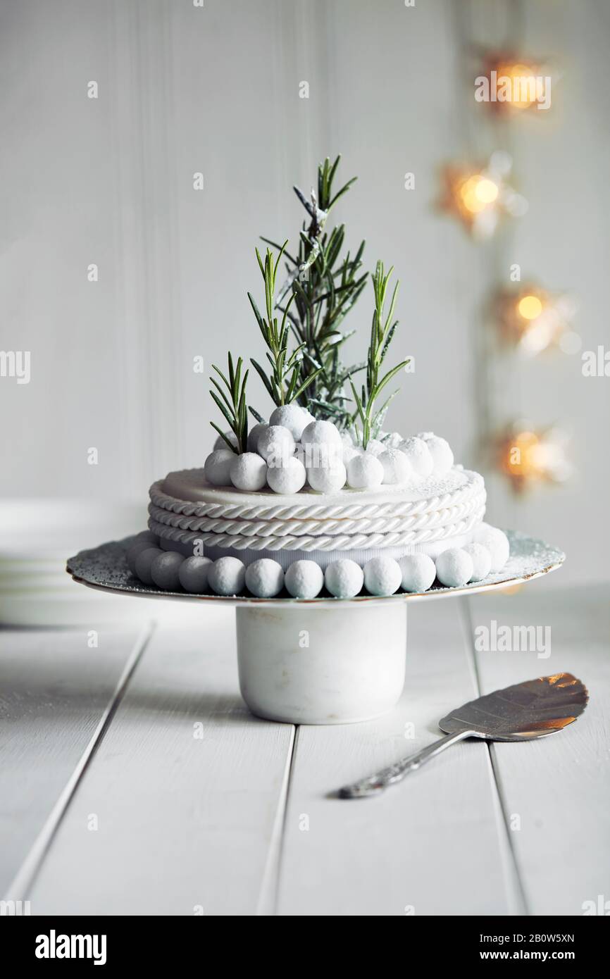 Close up of richly decorated Halloween cake with white icing and rosemary sprigs. Stock Photo