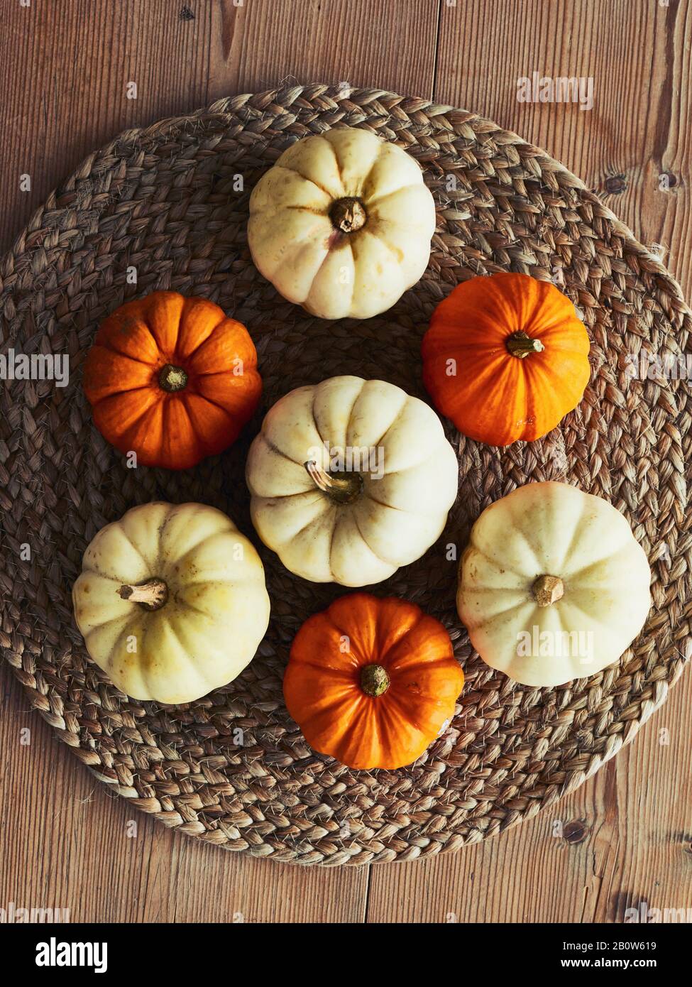 High angle close up of a selection of white and orange pumpkins on rustic place mat. Stock Photo