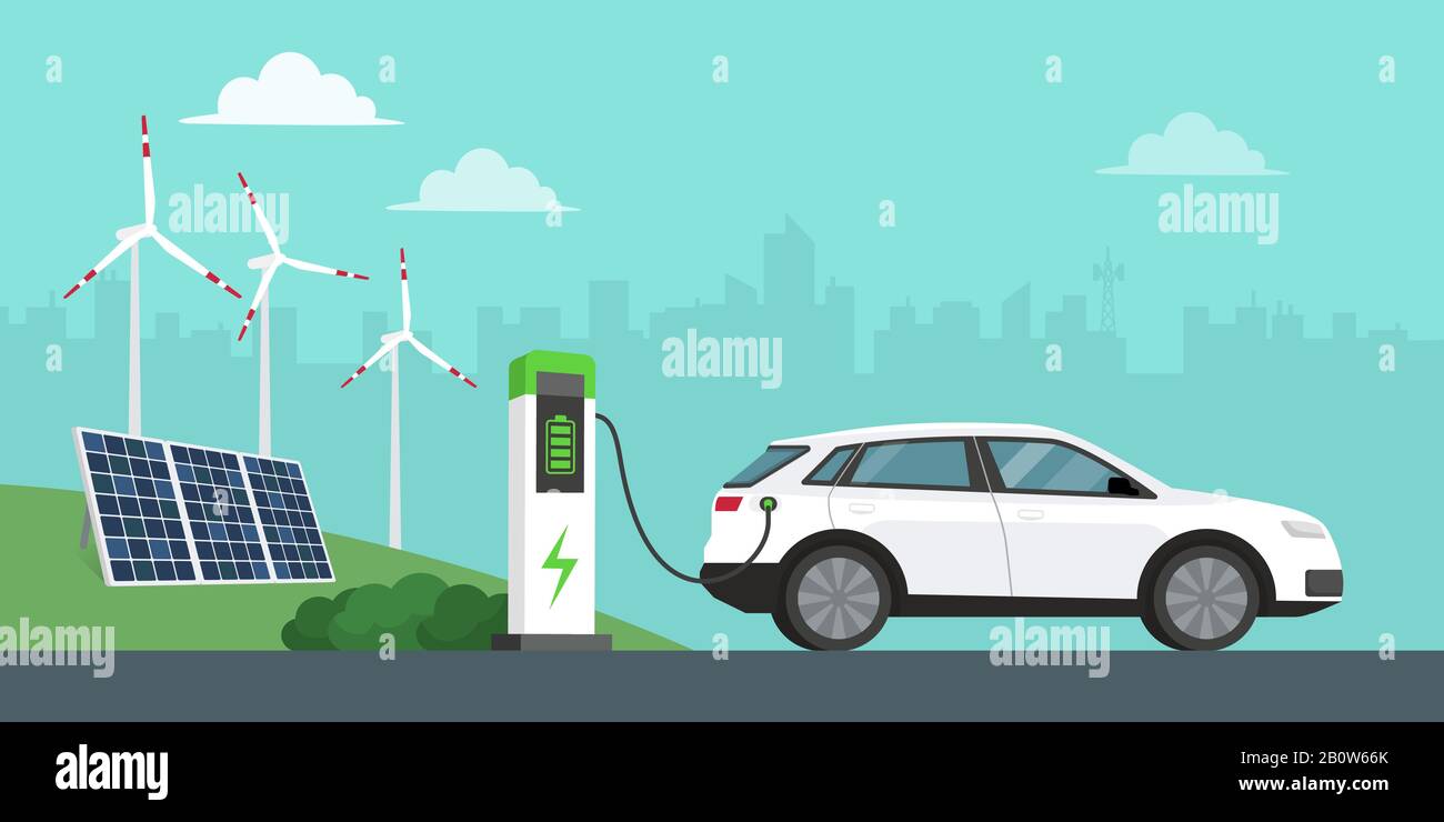 Electric car charging at the station, solar panels, wind turbines and city in the background, innovative technology and alternative energy concept Stock Vector