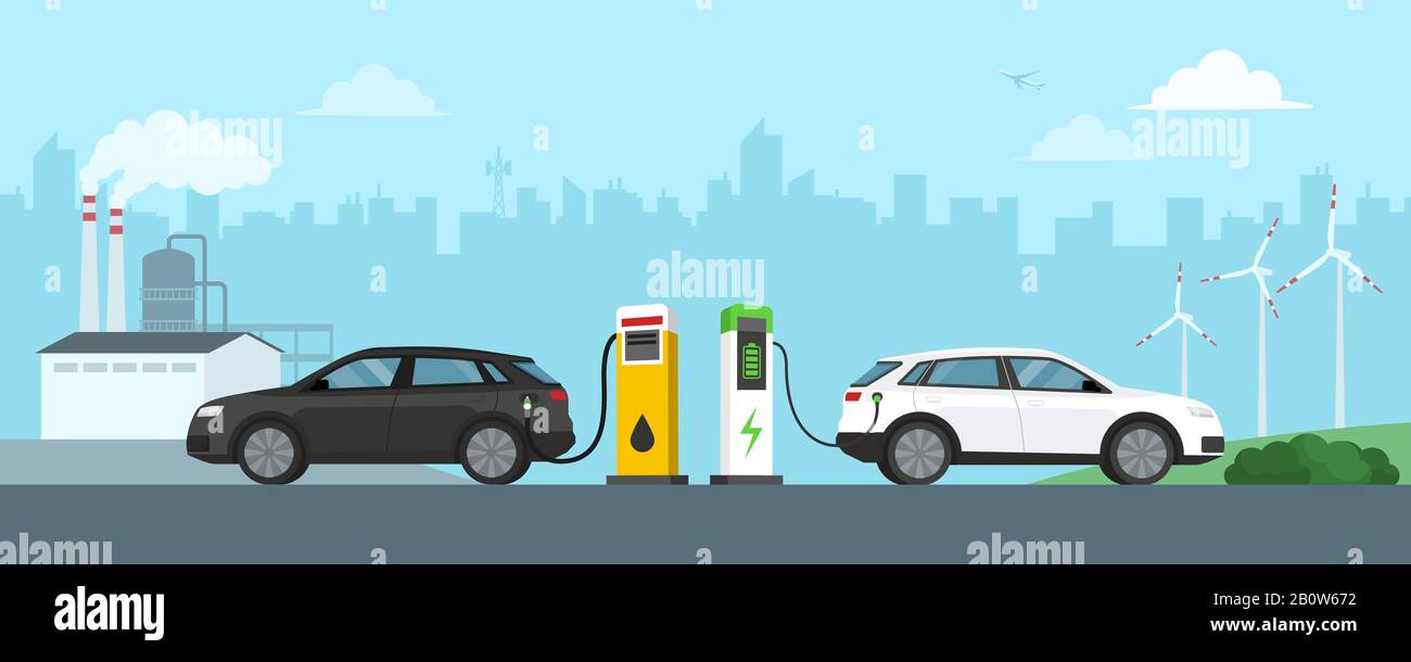 Gasoline car refuel and electric car charge at the station, refinery and wint turbines in the background, automotive technology and green energy conce Stock Vector