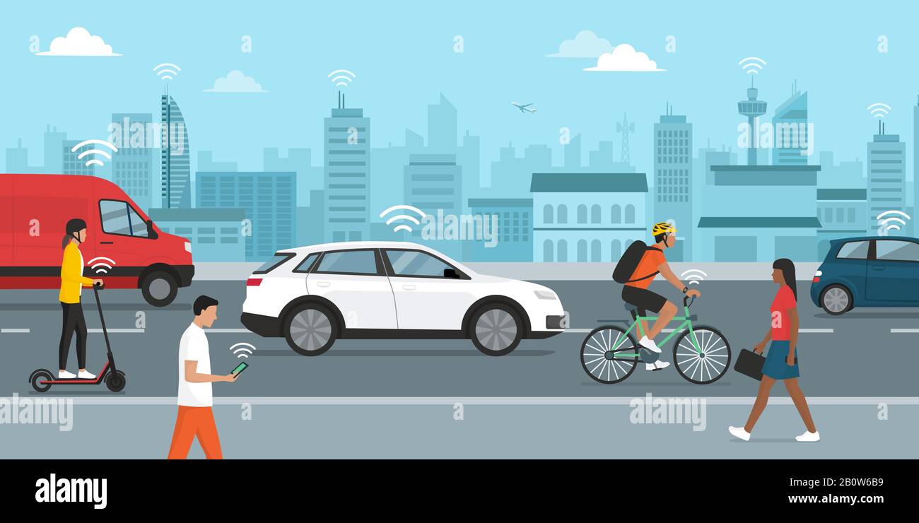 Smart transportation, driverless cars and people connecting in the city street, smart city concept Stock Vector