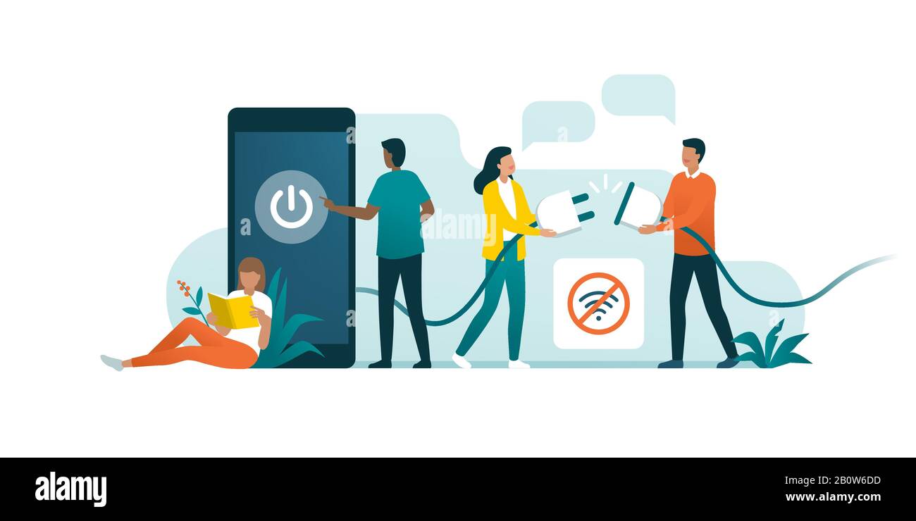 Happy people disconnecting and doing a digital detox, they are unplugging the phone and being offline Stock Vector