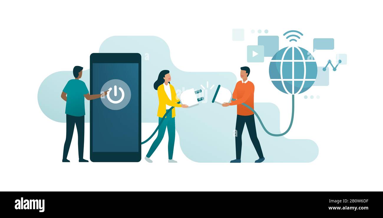 Happy people disconnecting and doing a digital detox, they are unplugging the phone and being offline Stock Vector