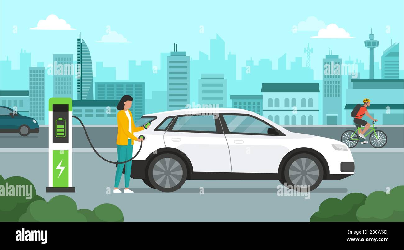 Woman recharging her electric car at the station and city in the background, automotive technology concept Stock Vector