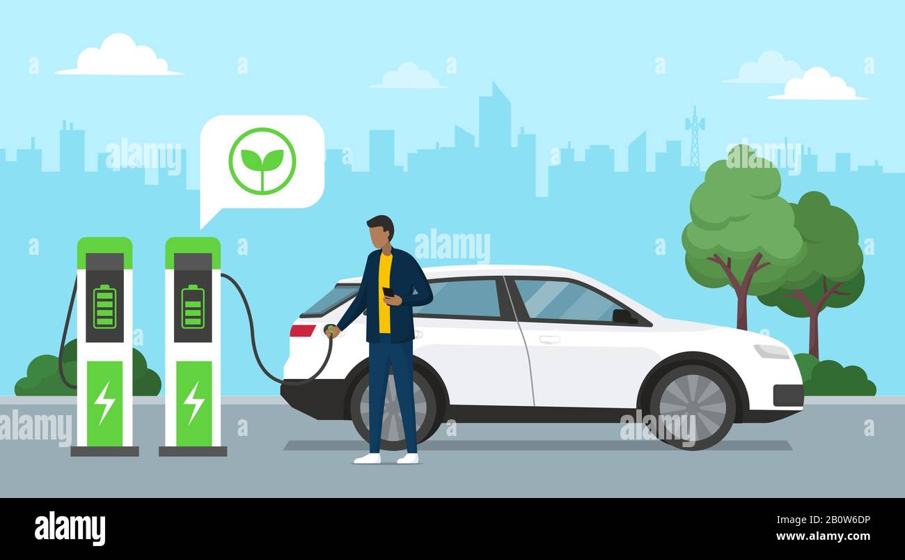 Man charging his electric car at the charging station, city in the background, green energy concept Stock Vector