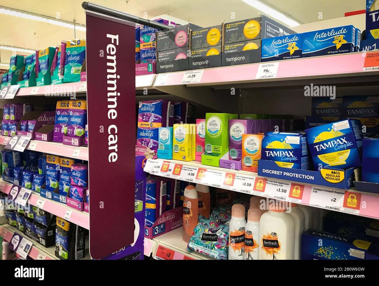 Sanitary products and tampons on sale in a Glasgow supermarket Stock