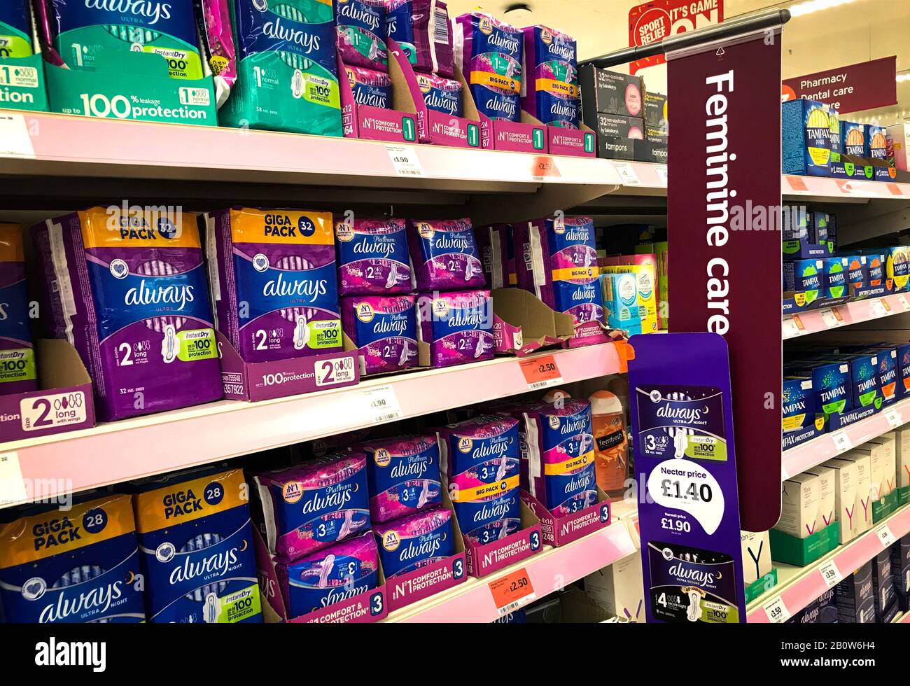 Sanitary products and tampons on sale in a Glasgow supermarket Stock