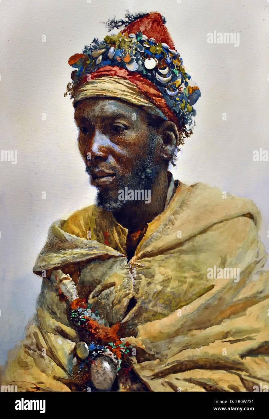 Portrait of a Dervish 1908 by Spanish painter Josep Tapiró i Baró (1836 - 1913 ) Catalan painter known for his watercolor portraits from Morocco. Stock Photo