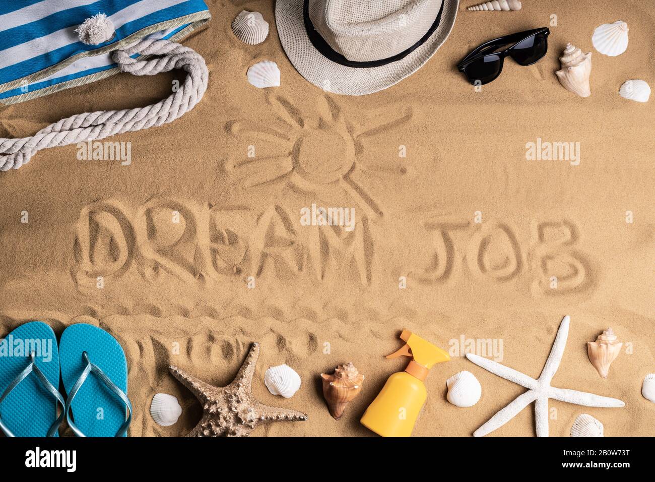 Dream Job Written On Sand By Sea At Beach Stock Photo