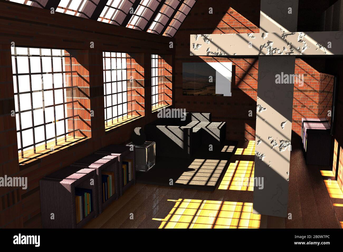 Attic with big windows under sun light, 3d rendering Stock Photo - Alamy