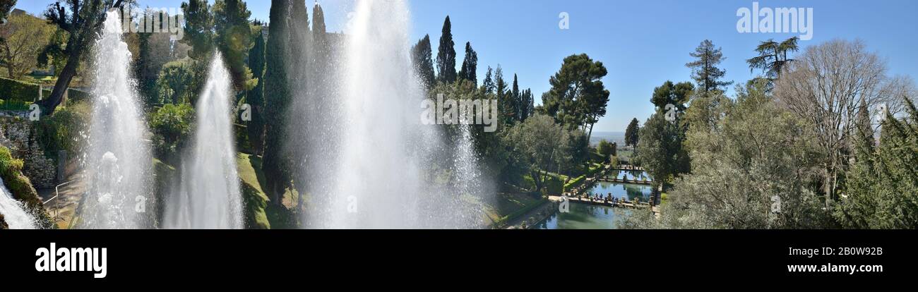 Villa d'Este - Tivoli (The fountain of Neptune jets), UNESCO World Heritage Site - Lazio, Italy, Europe Stock Photo