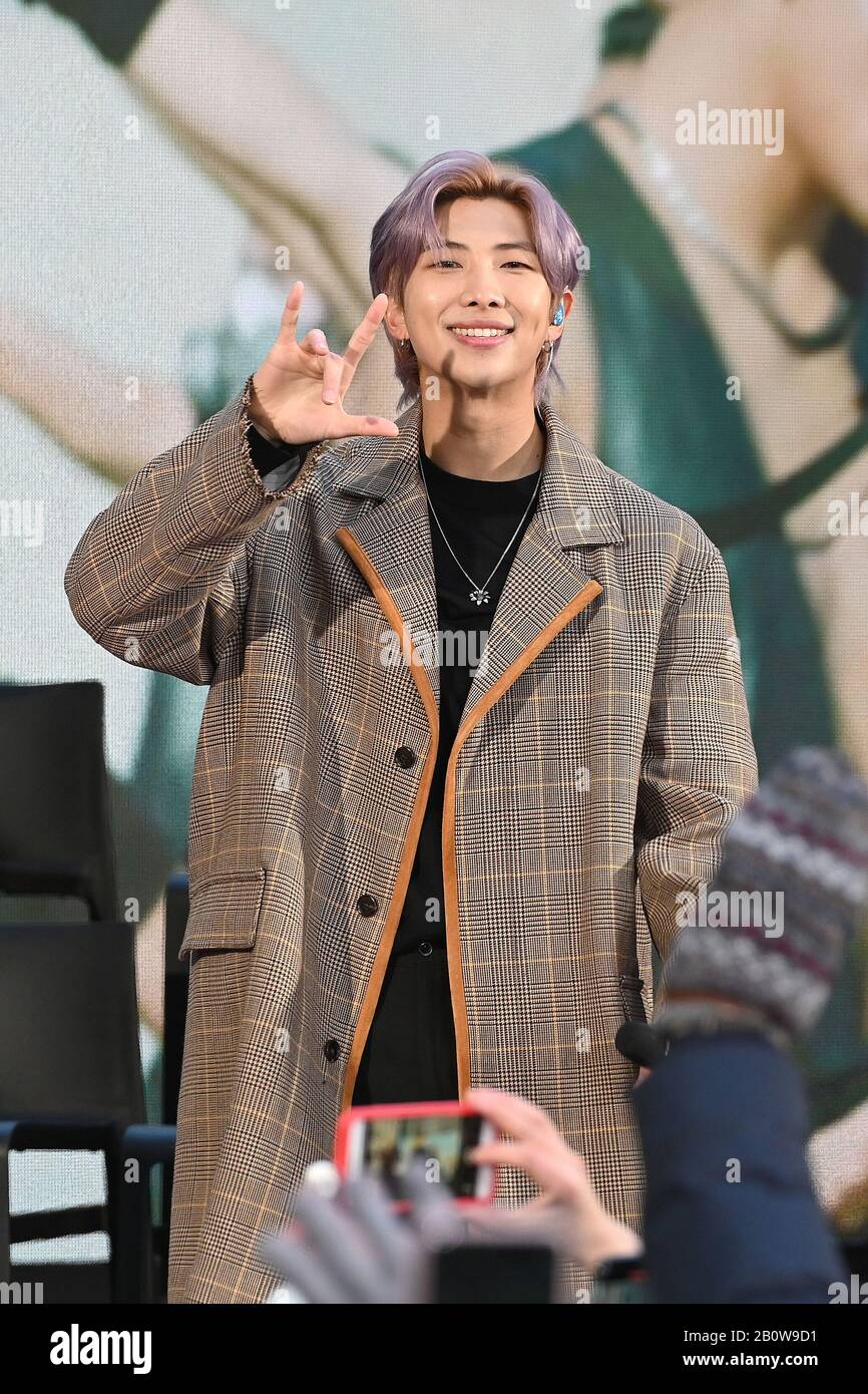 New York, USA. 21st Feb, 2020. BTS group member Kim Nam-joon, better known as RM is seen waving to fans as he and his group take part of a live interview on NBC's morning TODAY show at Rockefeller Plaza in New York, NY, February 21, 2020. (Photo by Anthony Behar/Sipa USA) Credit: Sipa USA/Alamy Live News Stock Photo