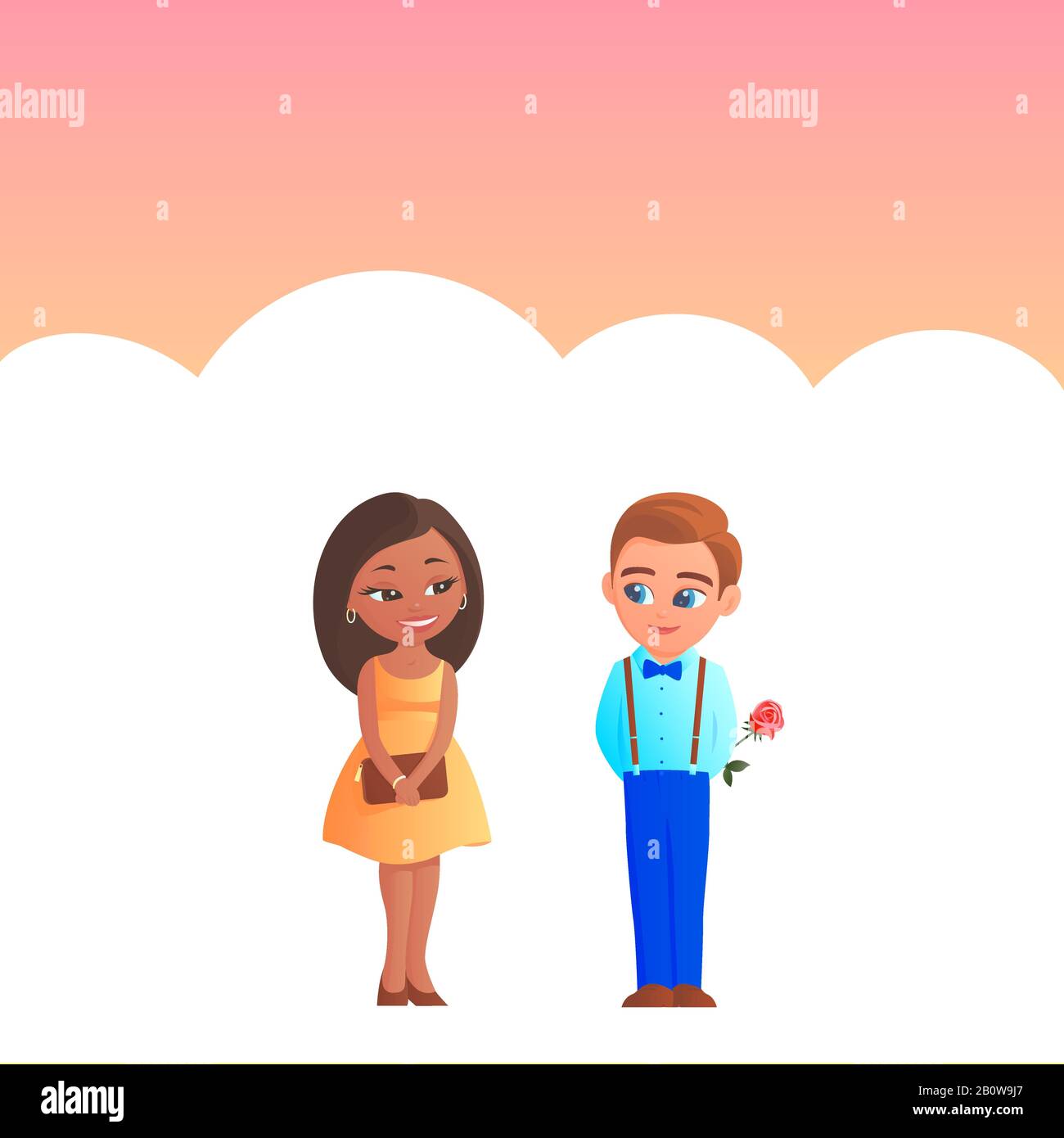 A young guy gives a girl an African American rose. Both are happy and smiling. Vector romantic illustration in cartoon style. Stock Vector