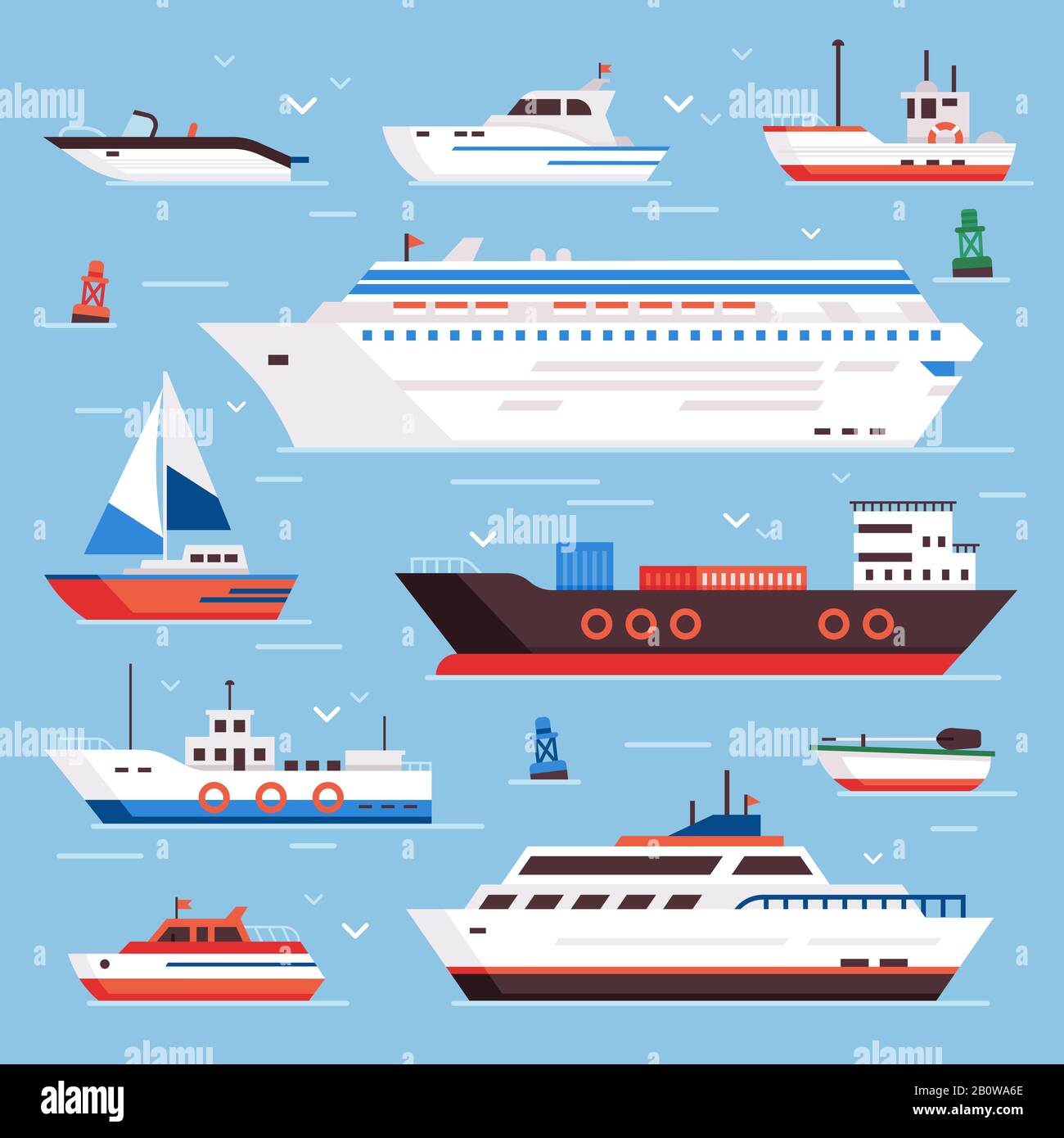 Sea ships. Cartoon boat powerboat cruise liner navy shipping ship and fishing boats isolated front view vector illustration Stock Vector