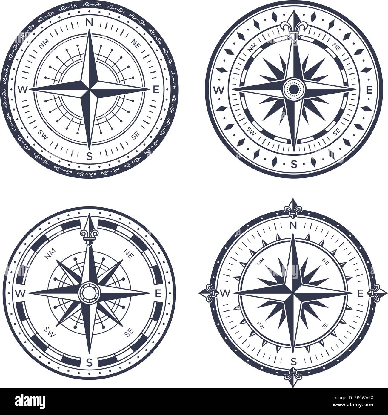 Vintage sea compass. Retro east and west, north and south arrows. Navigation compasses with rose of wind isolated vector set Stock Vector