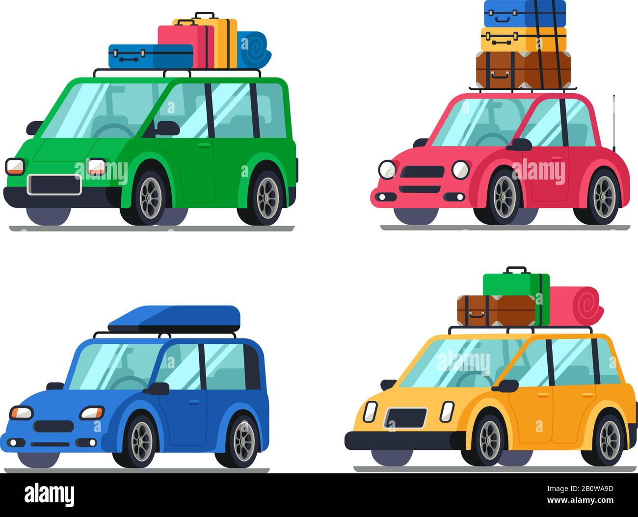 Travel cars. Car with tourism gear and baggage for family travels. Hybrid passenger vehicle flat vector illustration set Stock Vector