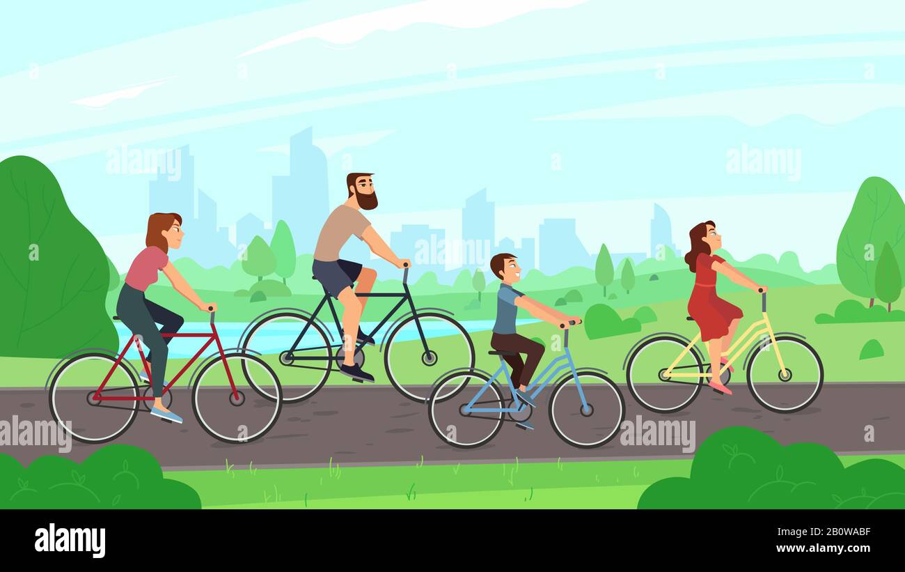 Happy young family riding on bikes at park. Parents and kids ride bicycles. Summer activities and families leisure vector illustration Stock Vector