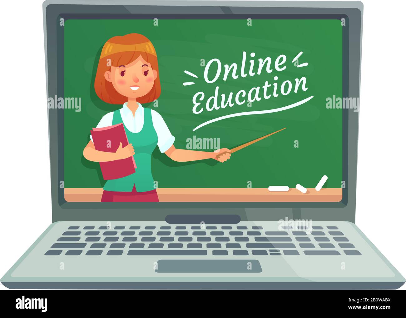 Online education with personal teacher. Professor teach computer technology. School blackboard isolated on laptop vector illustration Stock Vector
