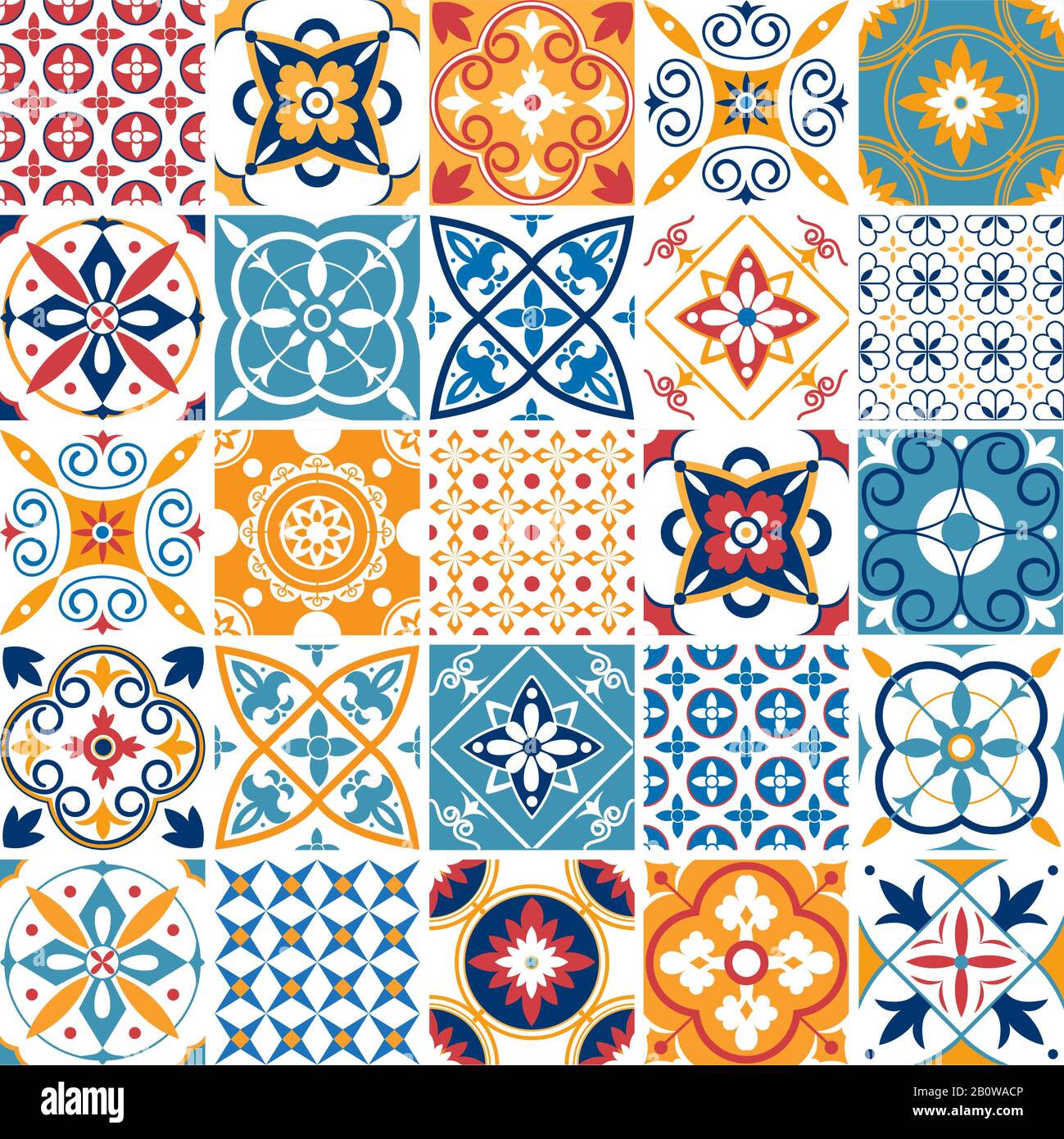 Portugal seamless pattern. Vintage mediterranean ceramic tile texture. Geometric tiles patterns and wall print textures vector set Stock Vector