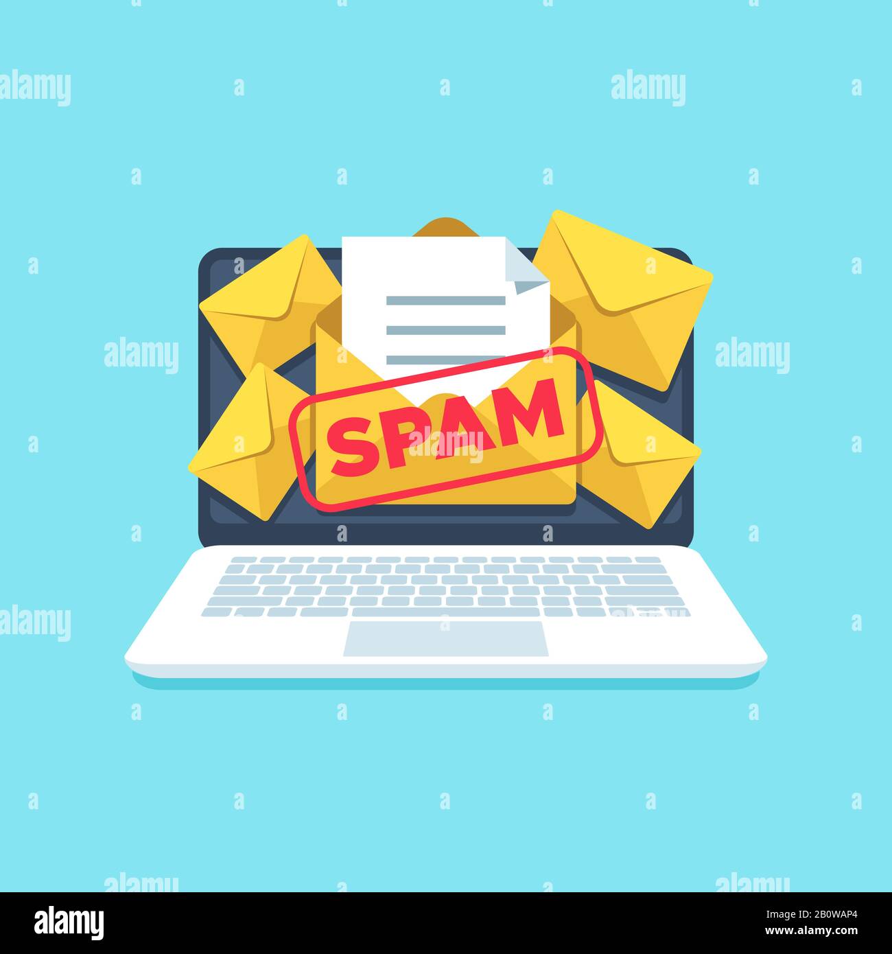 Full email inbox of spam. Spammer letters in mailbox on computer screen. Computers virus scam messages in letterbox vector illustration Stock Vector