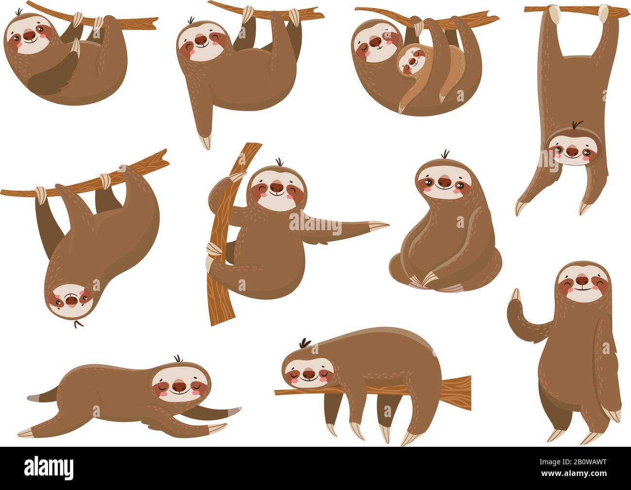 Cute cartoon sloths. Adorable rainforest animals, mother and baby on branch, funny sloth animal sleeping on jungle tree vector set Stock Vector