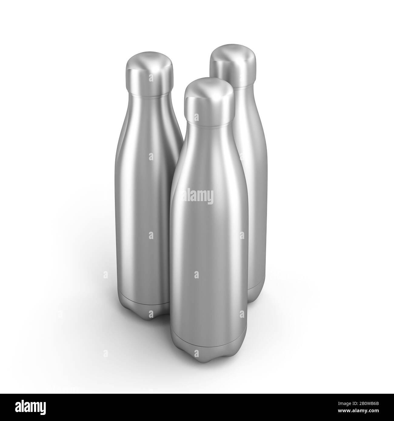 3d render image of 3 reusable steel bottles. nobody around. square format. eco-sustainability concept. Stock Photo