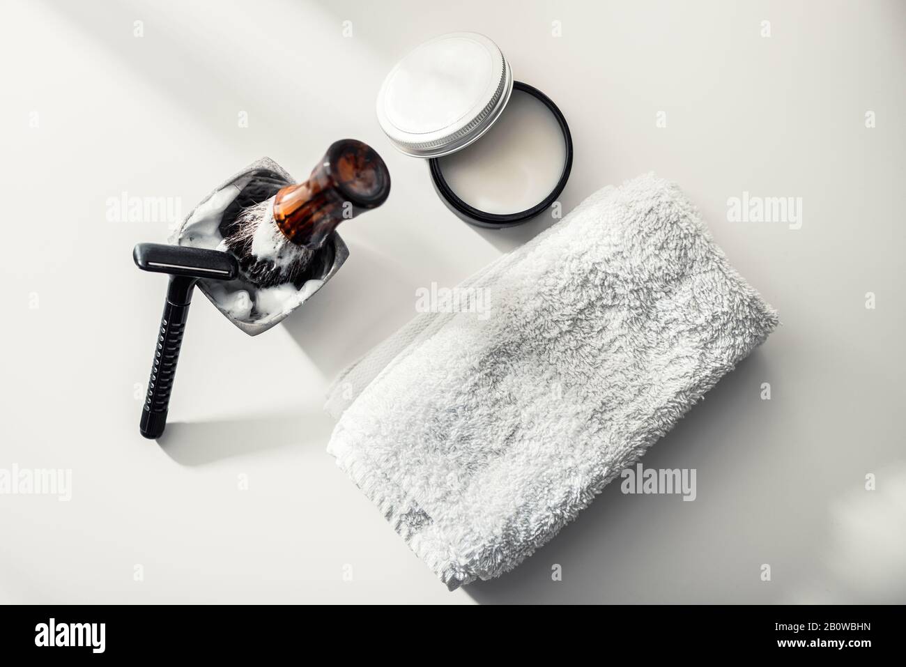 Man care accessory for shaving and grooming on a clean white background, flat lay, top view Stock Photo