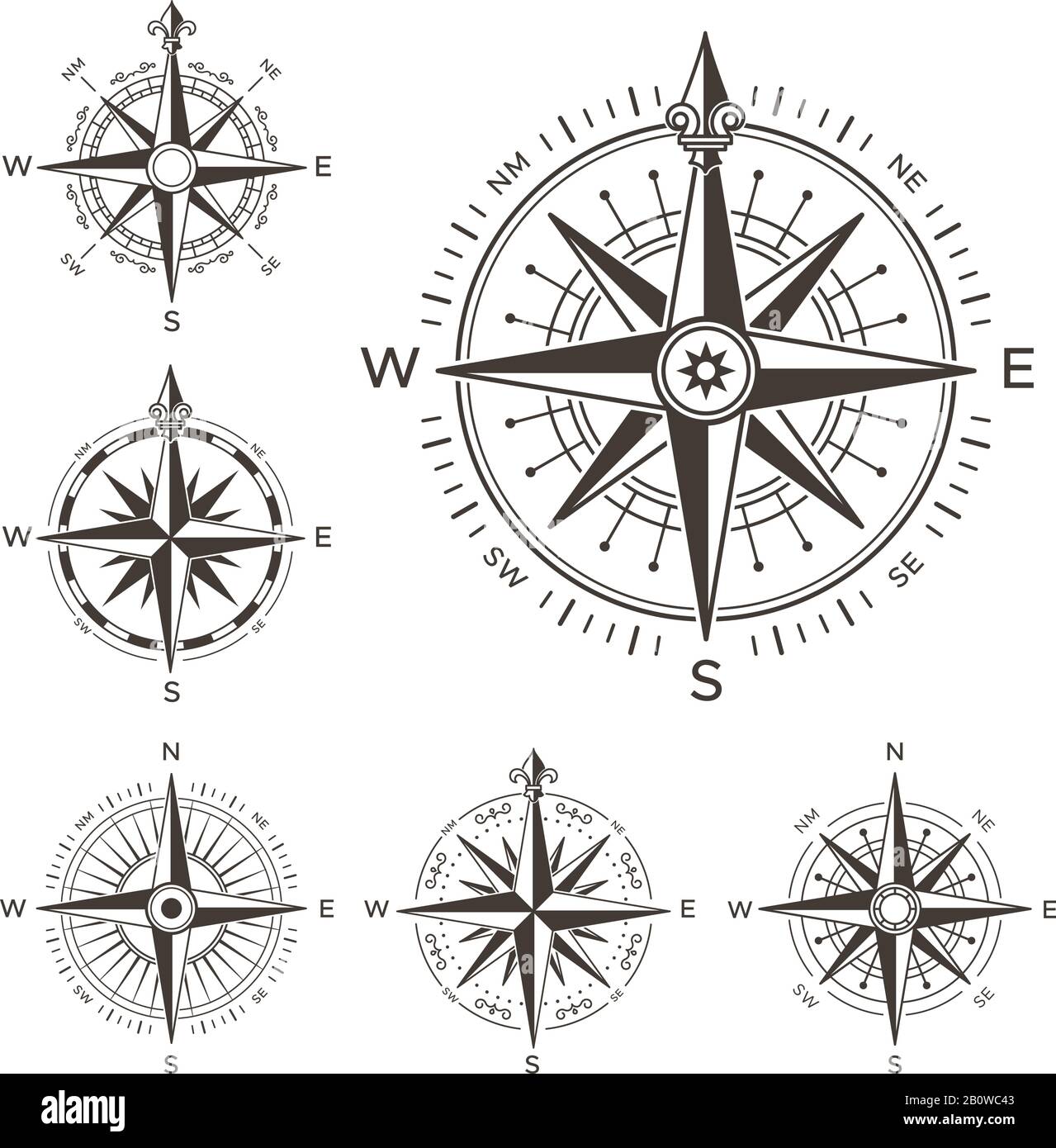 Retro nautical compass. Vintage rose of wind for sea world map. West and east or south and north arrows symbol isolated vector set Stock Vector
