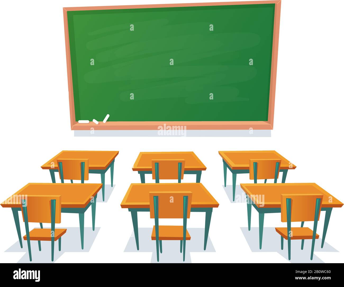 School chalkboard and desks. Empty blackboard, classroom wooden desk and chair isolated cartoon vector illustration Stock Vector