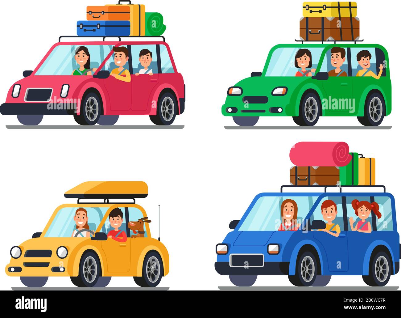 Family traveling cars. Happy people travel in car. Vacation trip with mother and father in minivan cartoon vector illustration Stock Vector