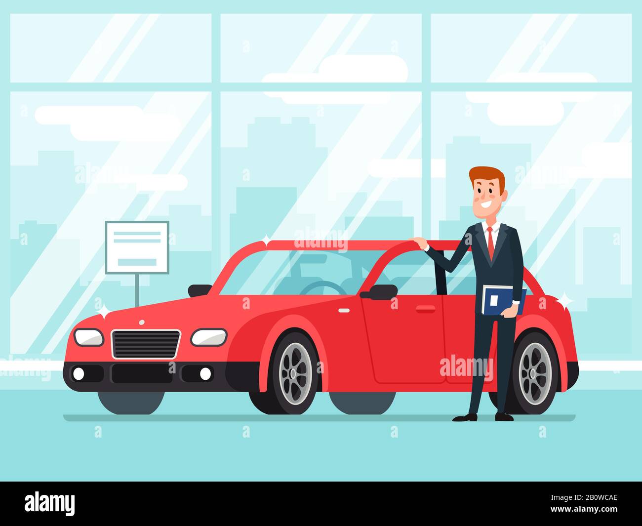 Car salesman in dealer showroom. New cars sales, happy seller shows