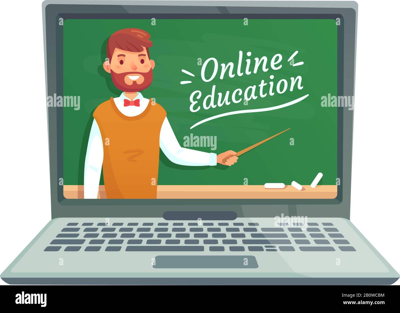 Online teacher education. Professor teach at school blackboard on laptop screen. Remote learning training vector illustration Stock Vector