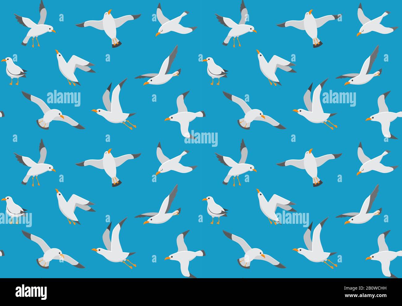 Seagulls seamless pattern. Cartoon gull flying over sea. Marine vector endless texture Stock Vector