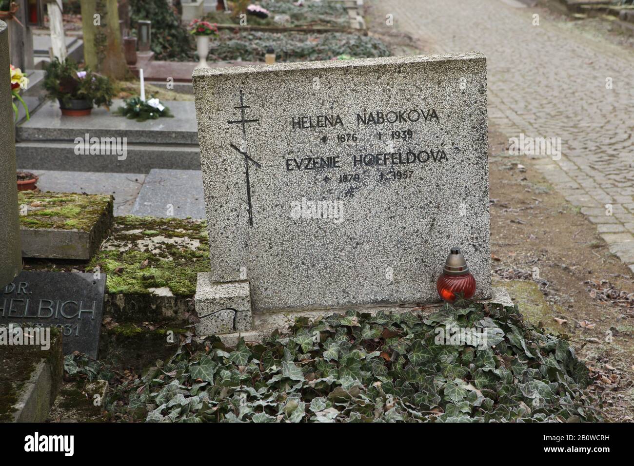 Grave of Yelena Nabokova, née. Rukavishnikova (1878-1939), who was a mother of famous Russian novelist Vladimir Nabokov, at Olšany Cemetery in Prague, Czech Republic. Her housekeeper Evgenia Hofeld also spelled as Evženie Hoefeldová (1879-1957) is also buried in the same grave. Stock Photo