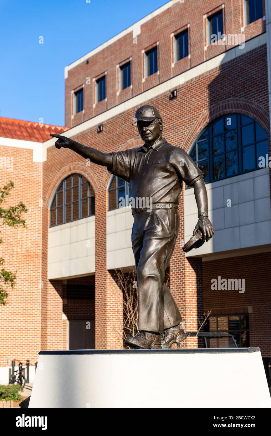 Tallahassee, FL / USA - February 15, 2020: Coach Bobby Bowden statue in front of Doak Campbell Stadium, home of Florida State University Football Stock Photo