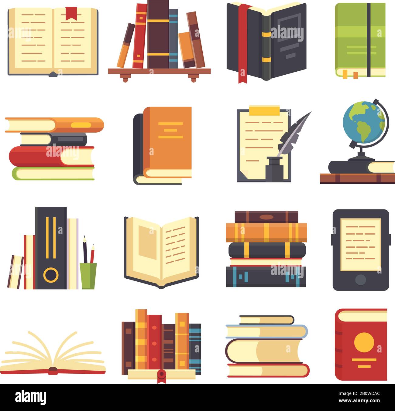 Flat books icons. Magazines with bookmark, history and open science book stack. Encyclopedia on library shelves vector illustration Stock Vector