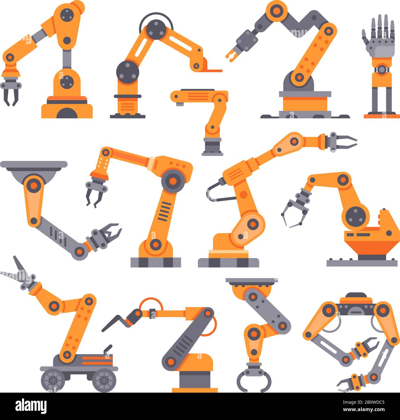 Flat manufacture robotic arm. Automatic robot arms, auto factory conveyor industrial equipment. Electronics robots hands vector set Stock Vector
