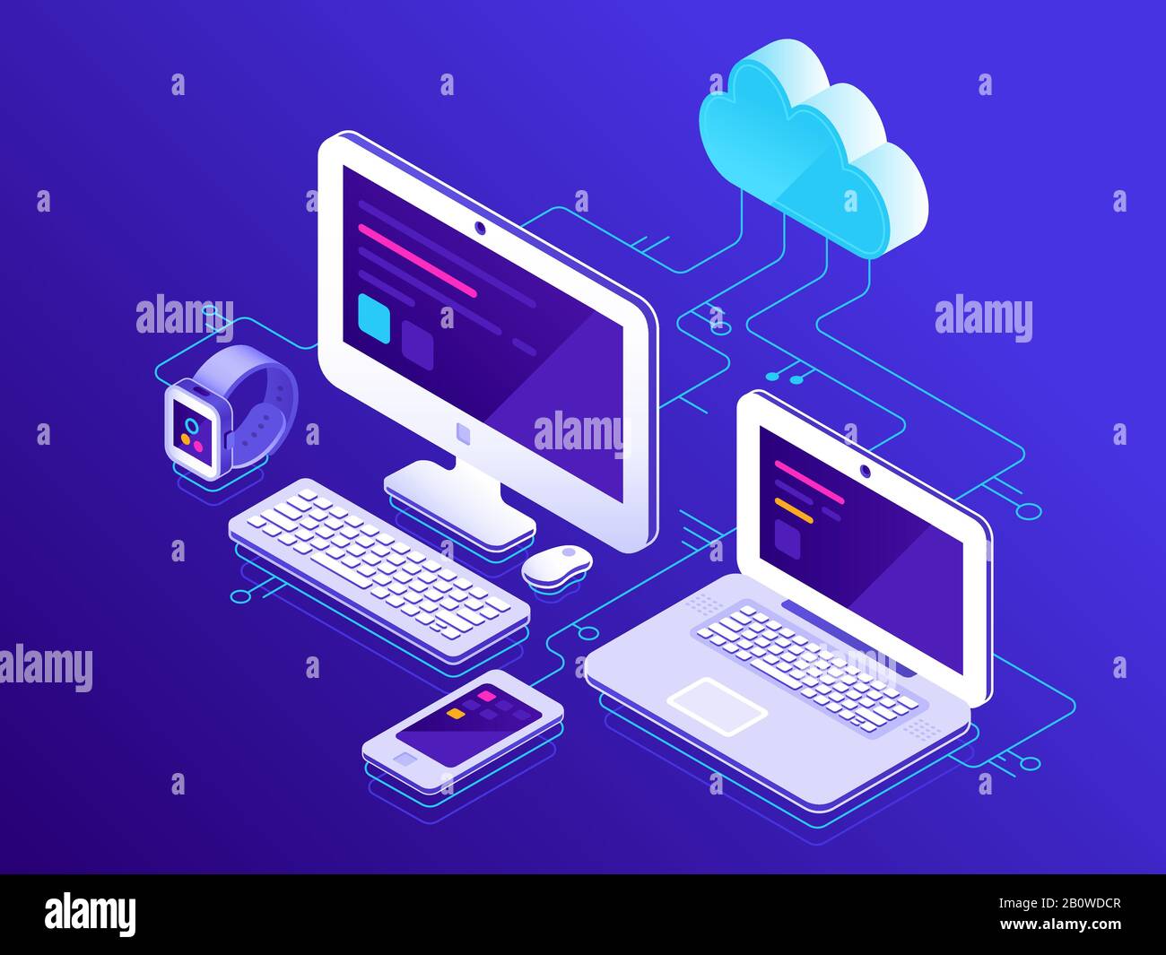 Cloud storage. Computer devices connected to data server. Laptop ...
