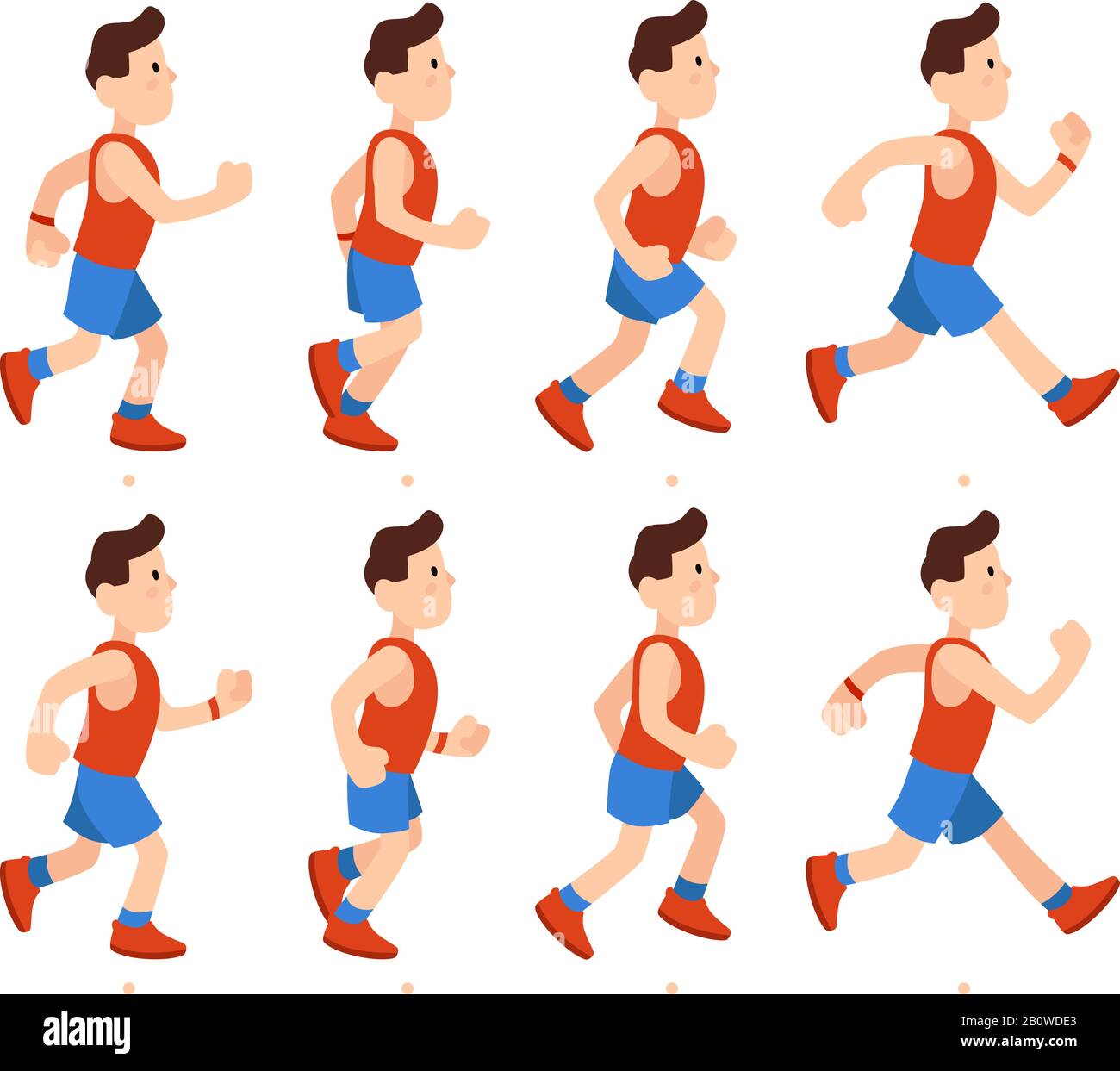 Flat running man. Athletic boy run animation frames sequence. Runner male in tracksuit, legs animations cartoon vector illustration Stock Vector