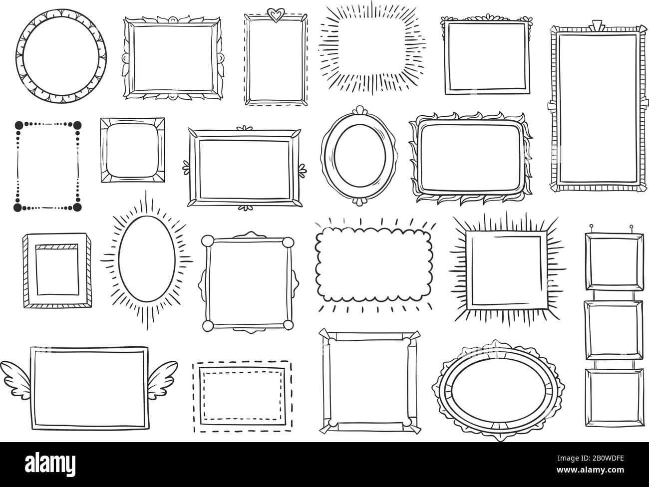 Hand drawn frames. Vintage doodle sketch picture frame. Blank black square cadre sketches painted by hands vector set Stock Vector