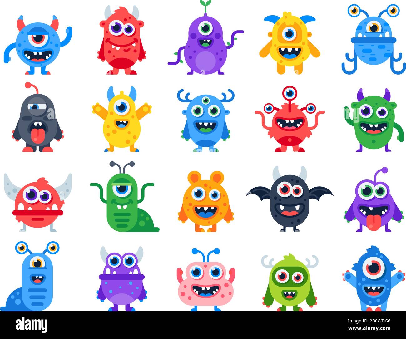 Cute cartoon monsters. Comic halloween joyful monster characters. Funny devil, ugly alien and smile creature flat vector set Stock Vector