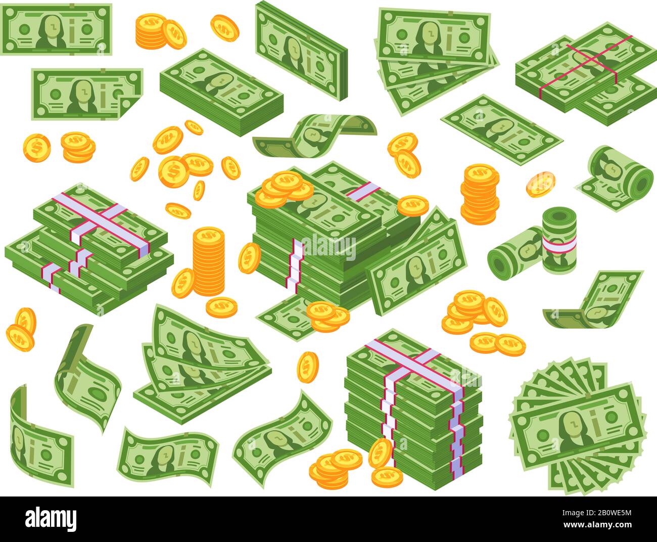 Cartoon money. Dollar bills banknotes stack, pile of dollars and banknote heap. Cash piles vector illustration set Stock Vector