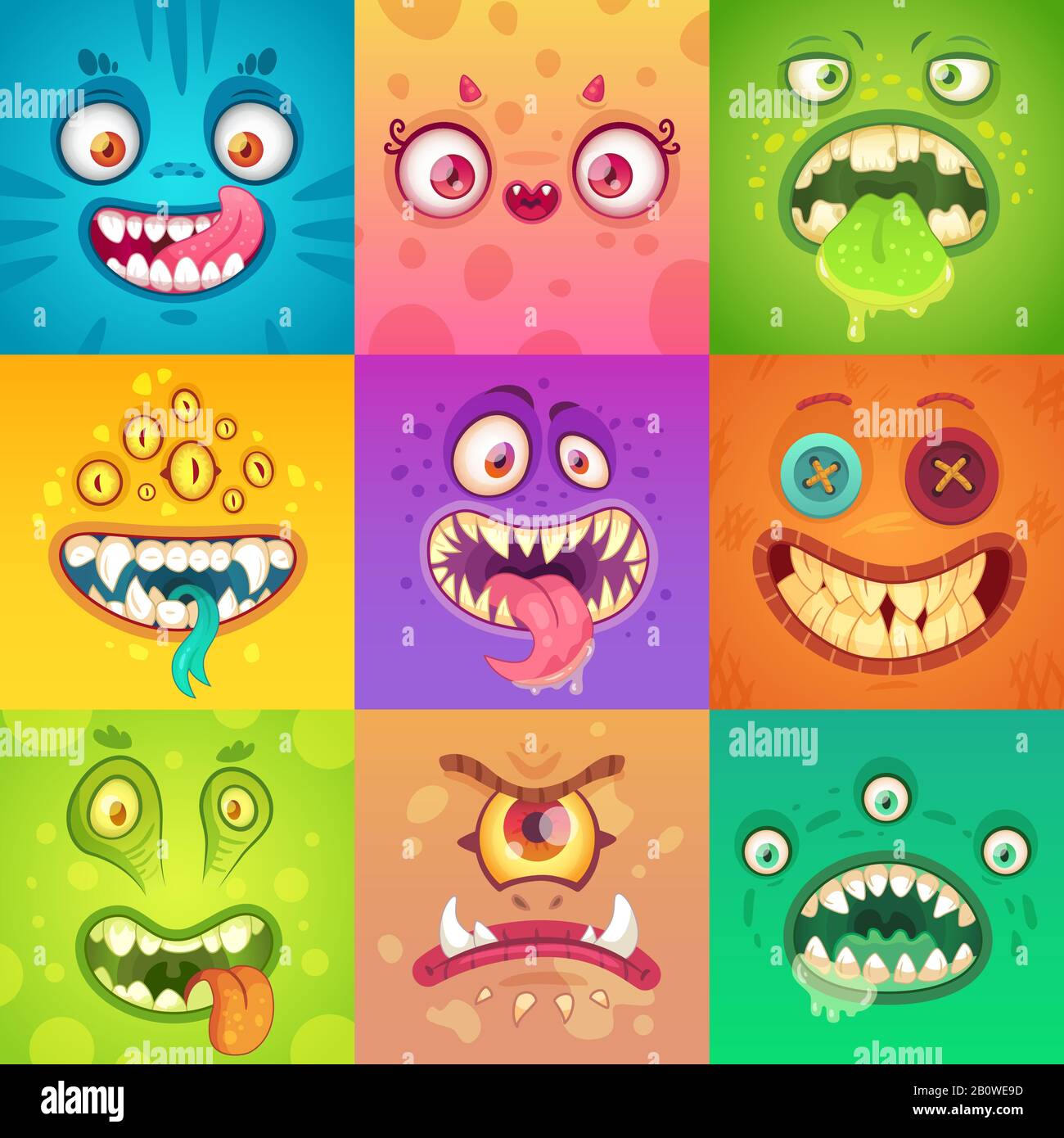 Funny halloween monsters. Cute and scary monster face with eyes and mouth. Strange creature mascot character vector illustration set Stock Vector